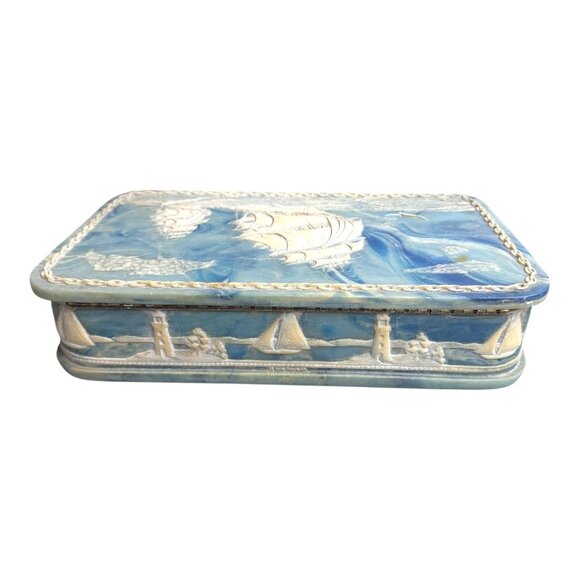 Nautical Sailing Clipper Ships Incolay Stone Jewelry Keepsake Box Large Usa 12" - Picture 11 of 16